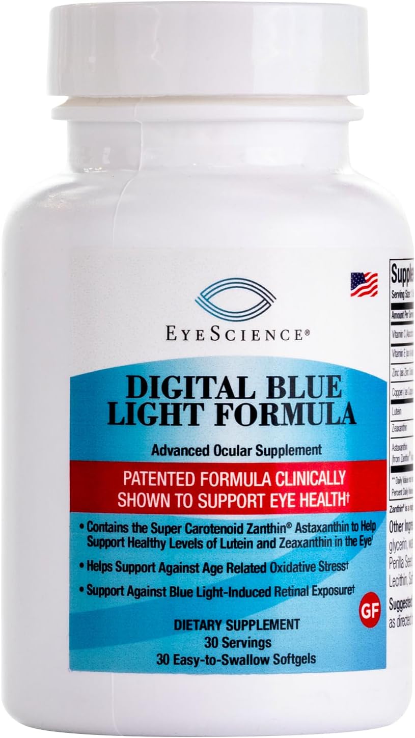 EyeScience Digital Blue Light Formula - Support Eye Health with Astaxanthin, Lutein & Zeaxanthin - Comfortable Screen Time - Non-GMO, Gluten-Free - 30 Softgels