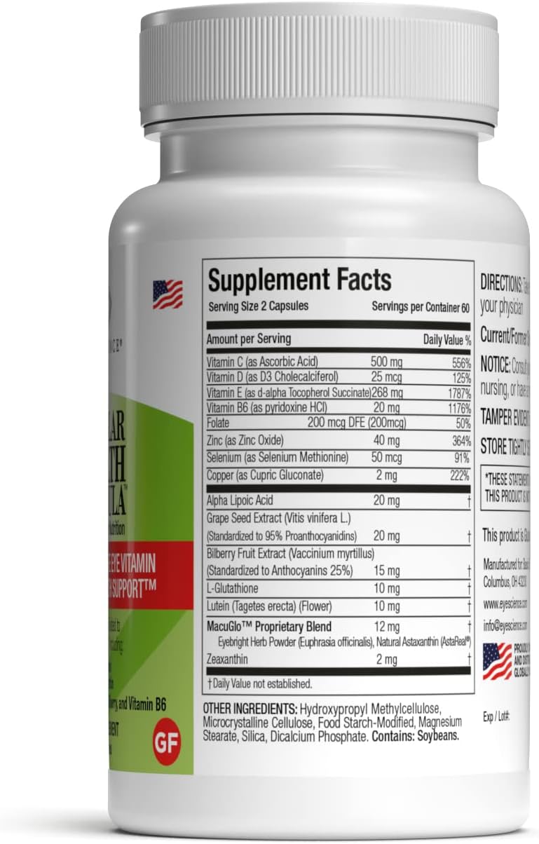 EyeScience Macular Health Formula 120 Capsules - Nutritional Supplement for Eye Health with Lutein, Zeaxanthin, Vitamins C, D, E & B6 - 2-Pack