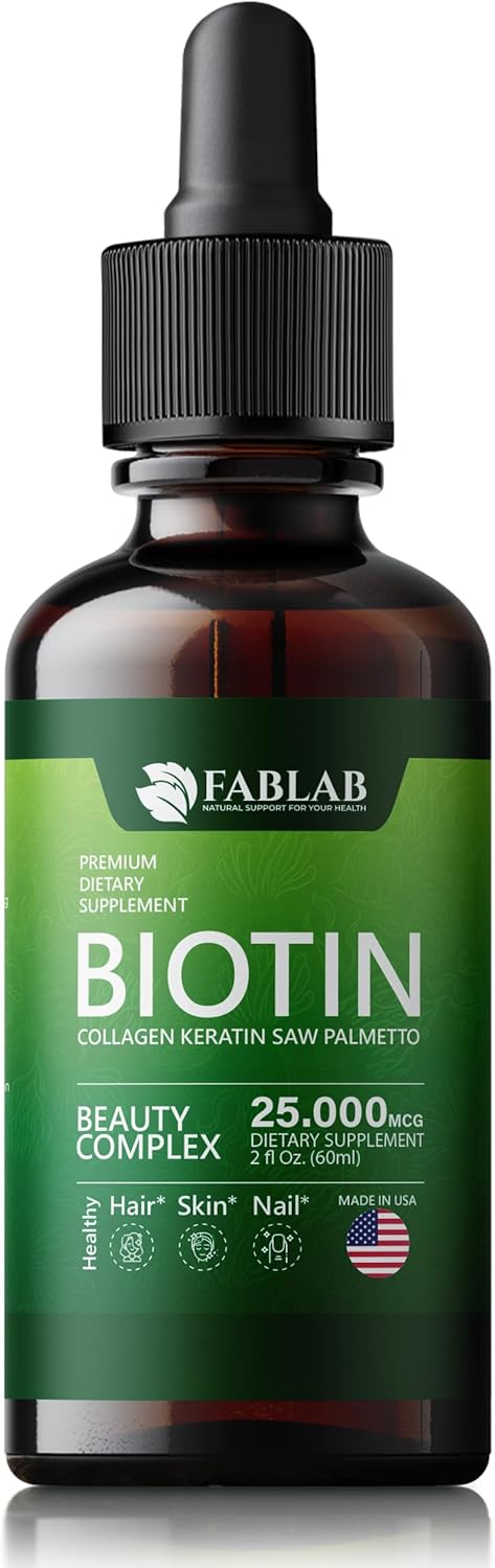 FabLab Biotin Collagen Keratin Saw Palmetto Extract 25000mg - Hair Skin Nails Adults Anti-Aging Vitamins Men Women - 2 oz