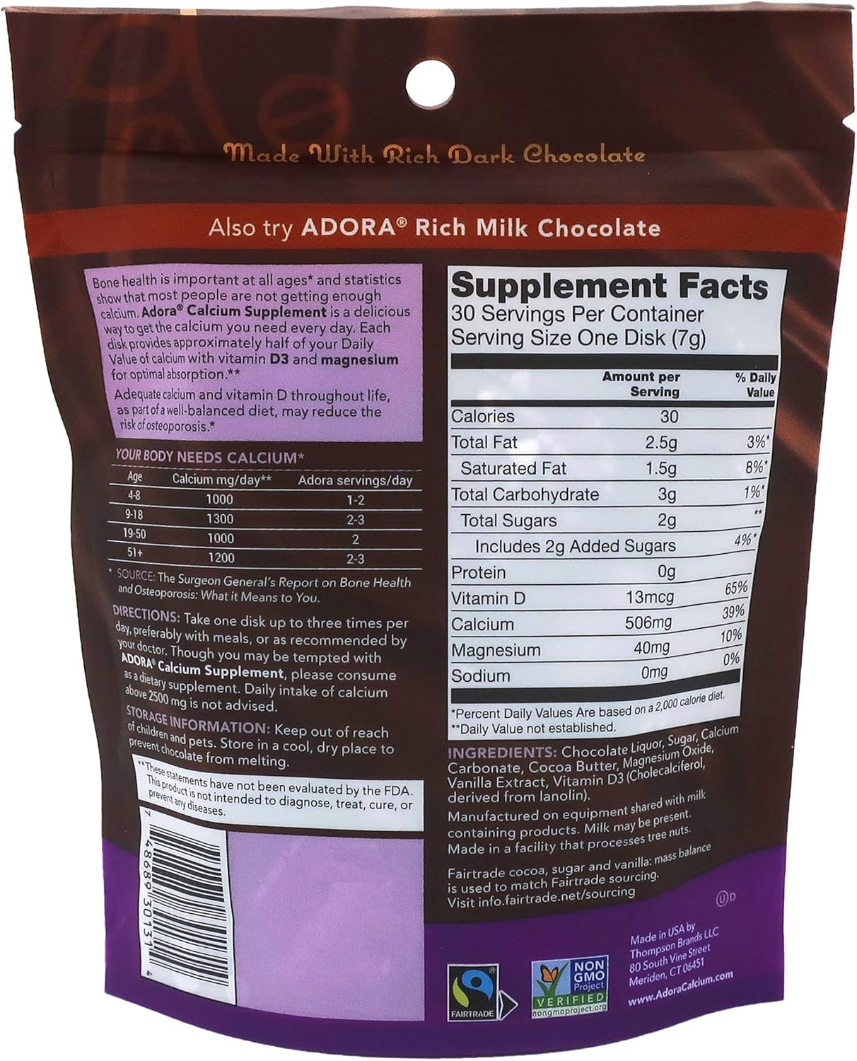 Fairtrade Dark Chocolate Adora Calcium Supplement - 30 Count, Single Pack