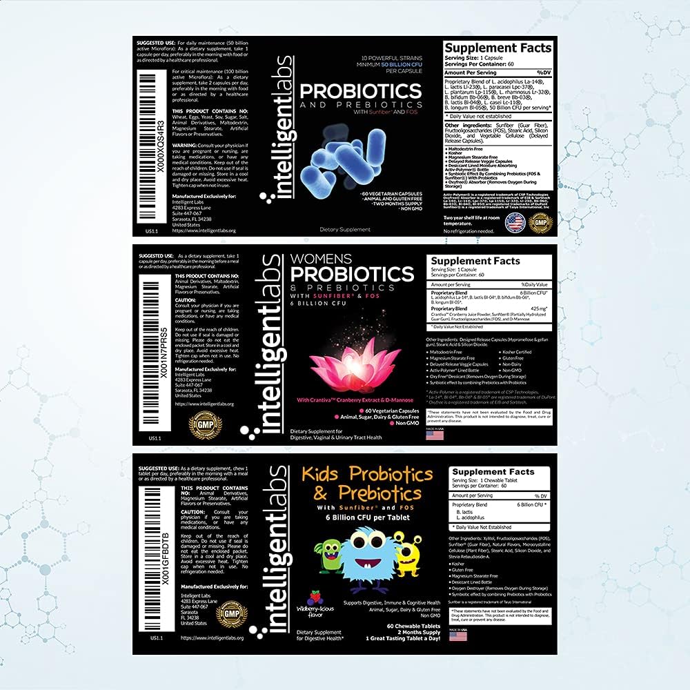 Family Bundle: Intelligent Labs 3-in-1 Probiotics with Prebiotics - 50 Billion CFU for Kids, Adults & Women - No Refrigeration, 2 Months Supply