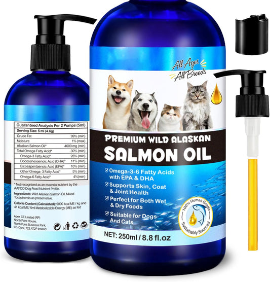 FANGCUN Alaskan Salmon Oil Liquid Supplement for Dogs, Omega 3 Fish Oil with EPA+DHA Fatty Acids for Skin & Coat Health, All Breeds & Ages 8.8fl.oz.