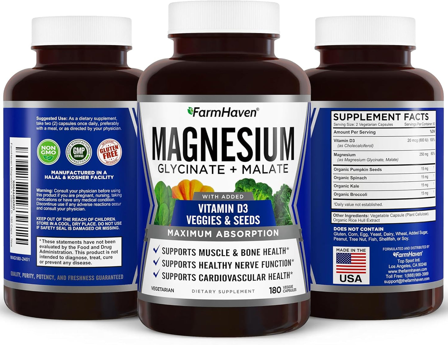 FarmHaven Magnesium Glycinate & Malate Complex with Vitamin D3 - Chelated for Max Absorption - Vegetarian - 180 Capsules - Supports Bone Health, Nerves, Muscles - 90 Day Supply