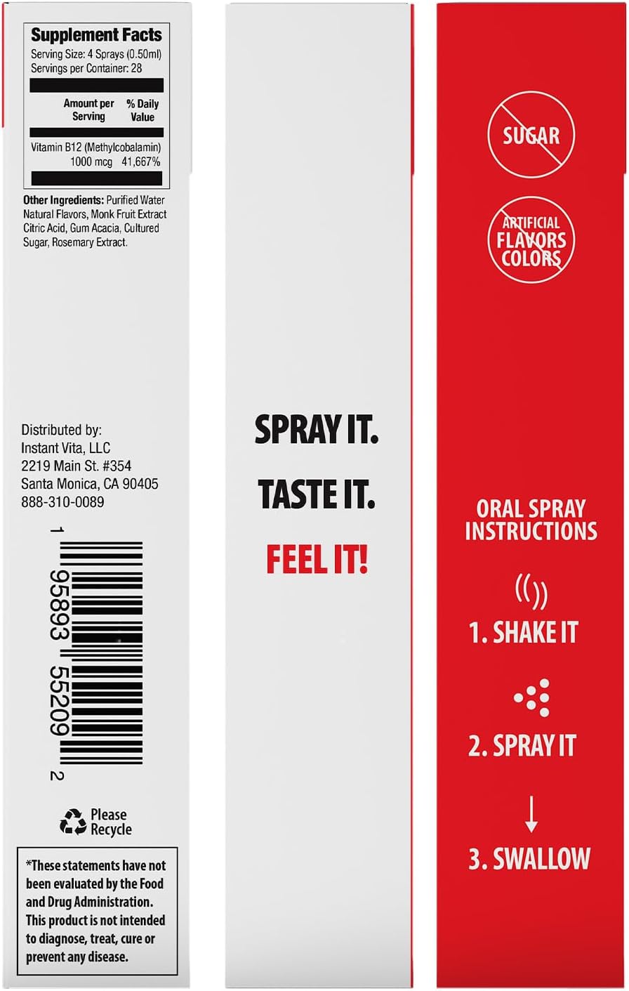 Fast-Absorbing Instantvita Vitamin B12 Oral Spray for Energy Boost - Mint Flavor, 1-Month Supply