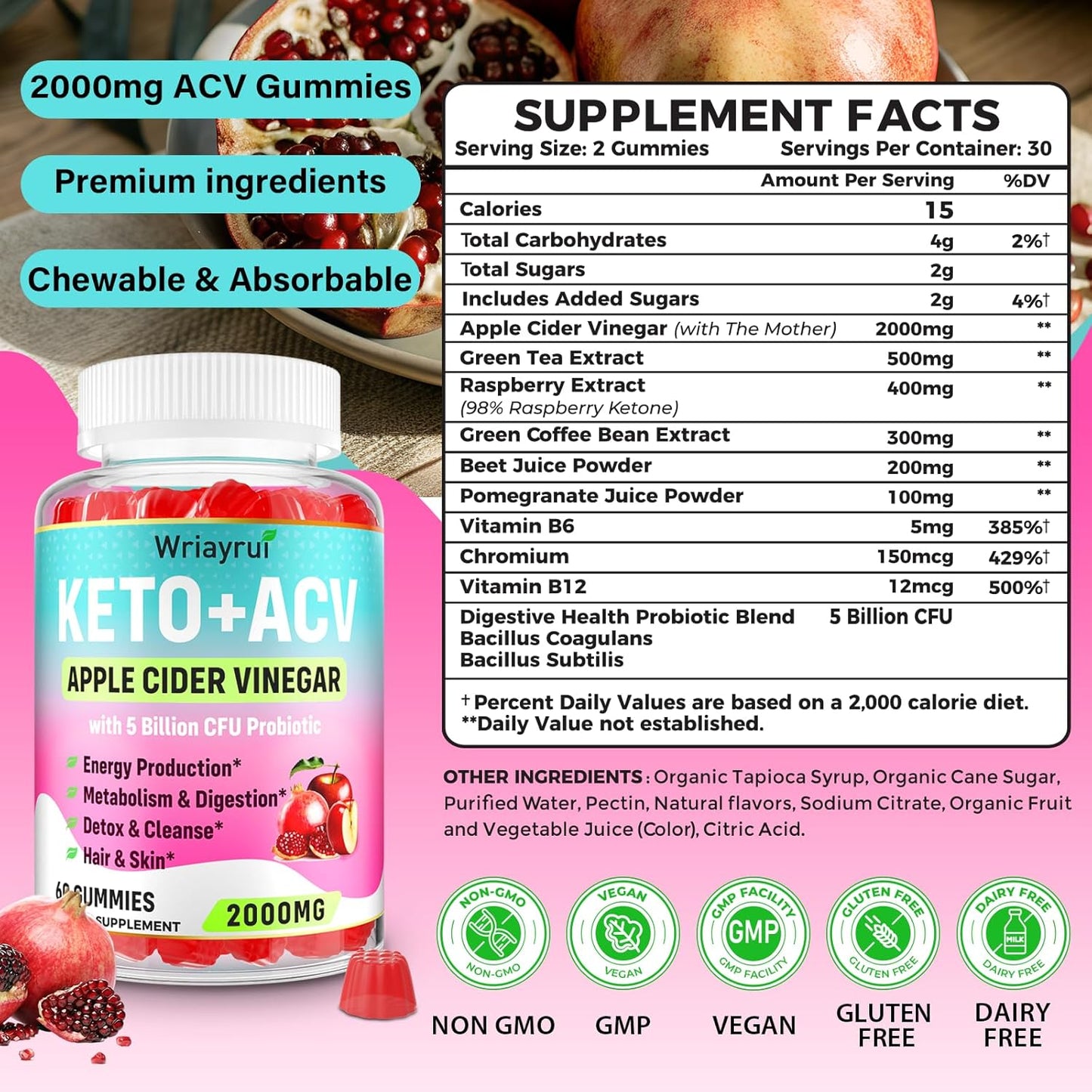 Fast Acting Apple Cider Vinegar Gummies 2000mg with Green Tea, B6, B12, Probiotics - Metabolism & Digestion Support - 840 Gummies