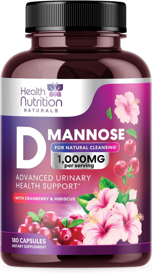 Fast-Acting D-Mannose & Cranberry Extract 1350mg for Urinary Tract Health - 180 Capsules, Non-GMO & Vegan