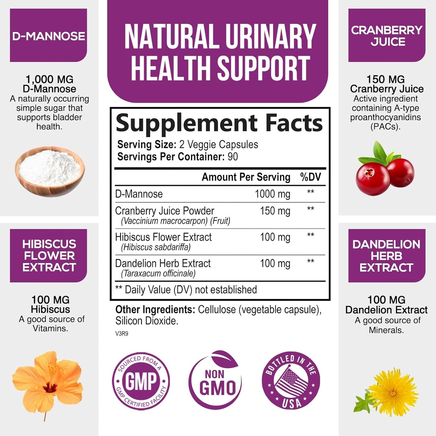 Fast-Acting D-Mannose & Cranberry Extract 1350mg for Urinary Tract Health - 180 Capsules, Non-GMO & Vegan