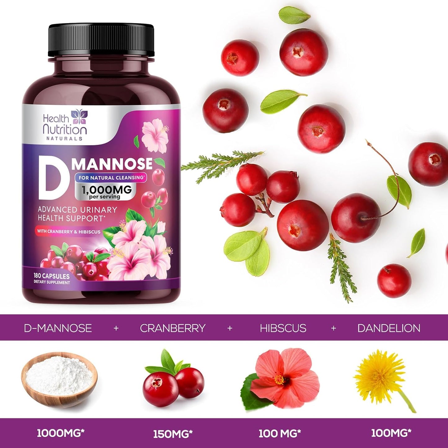 Fast-Acting D-Mannose & Cranberry Extract 1350mg for Urinary Tract Health - 180 Capsules, Non-GMO & Vegan