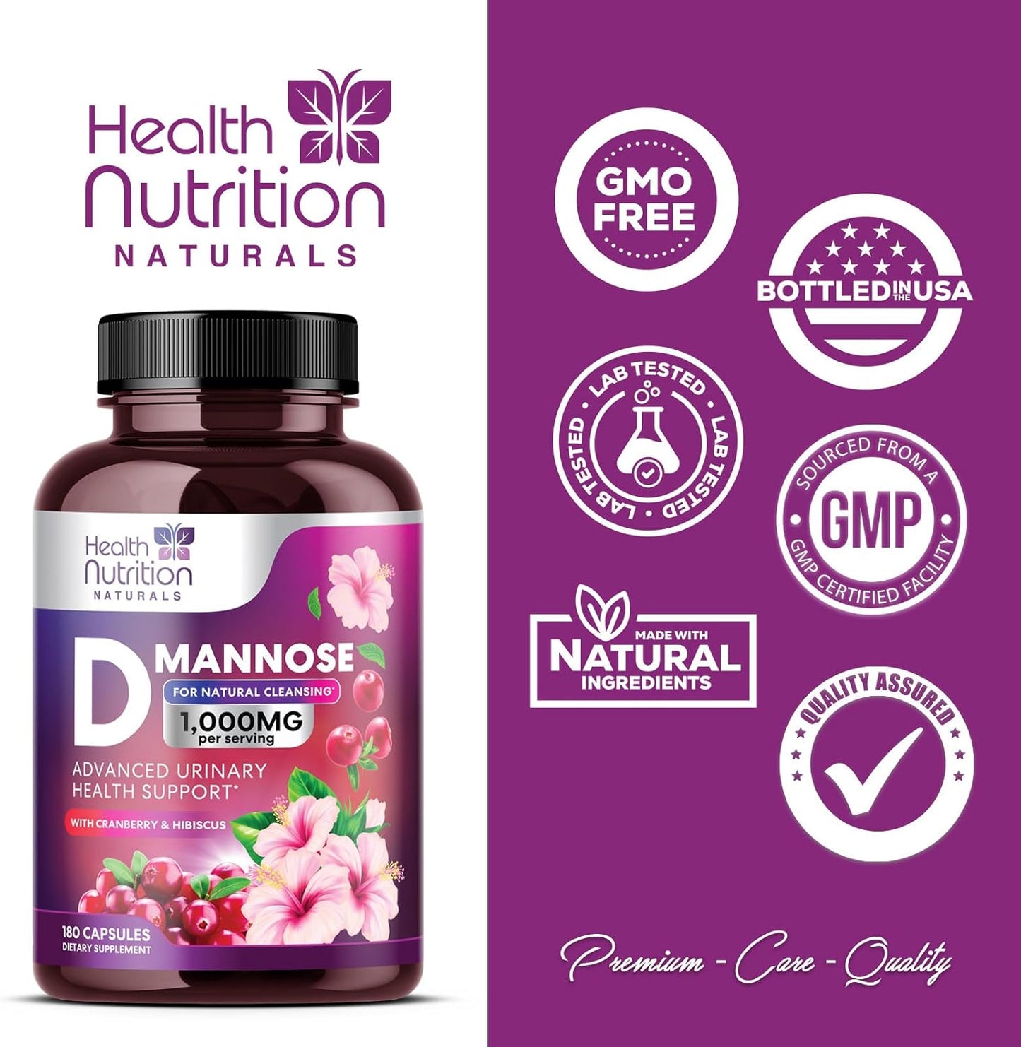 Fast-Acting D-Mannose & Cranberry Extract 1350mg for Urinary Tract Health - 180 Capsules, Non-GMO & Vegan