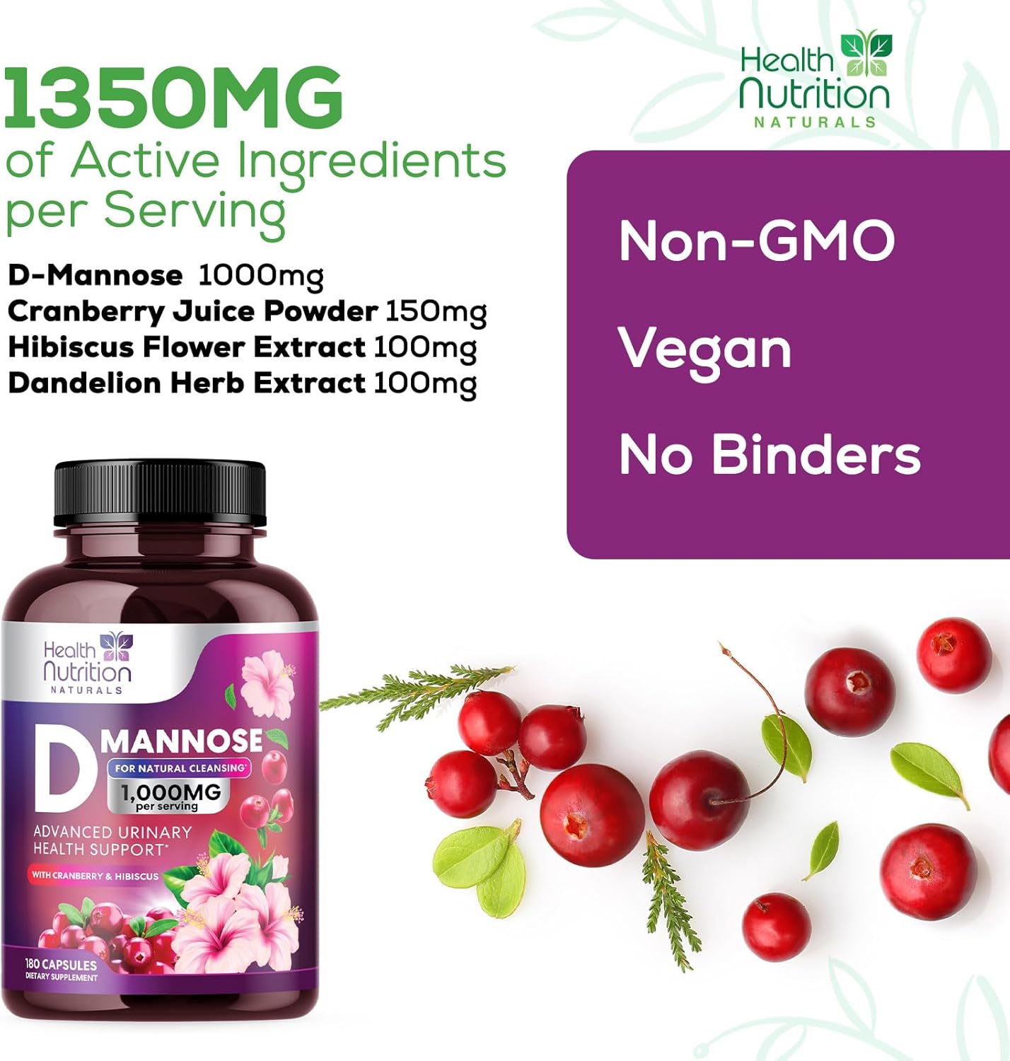 Fast-Acting D-Mannose & Cranberry Extract 1350mg for Urinary Tract Health - 180 Capsules, Non-GMO & Vegan