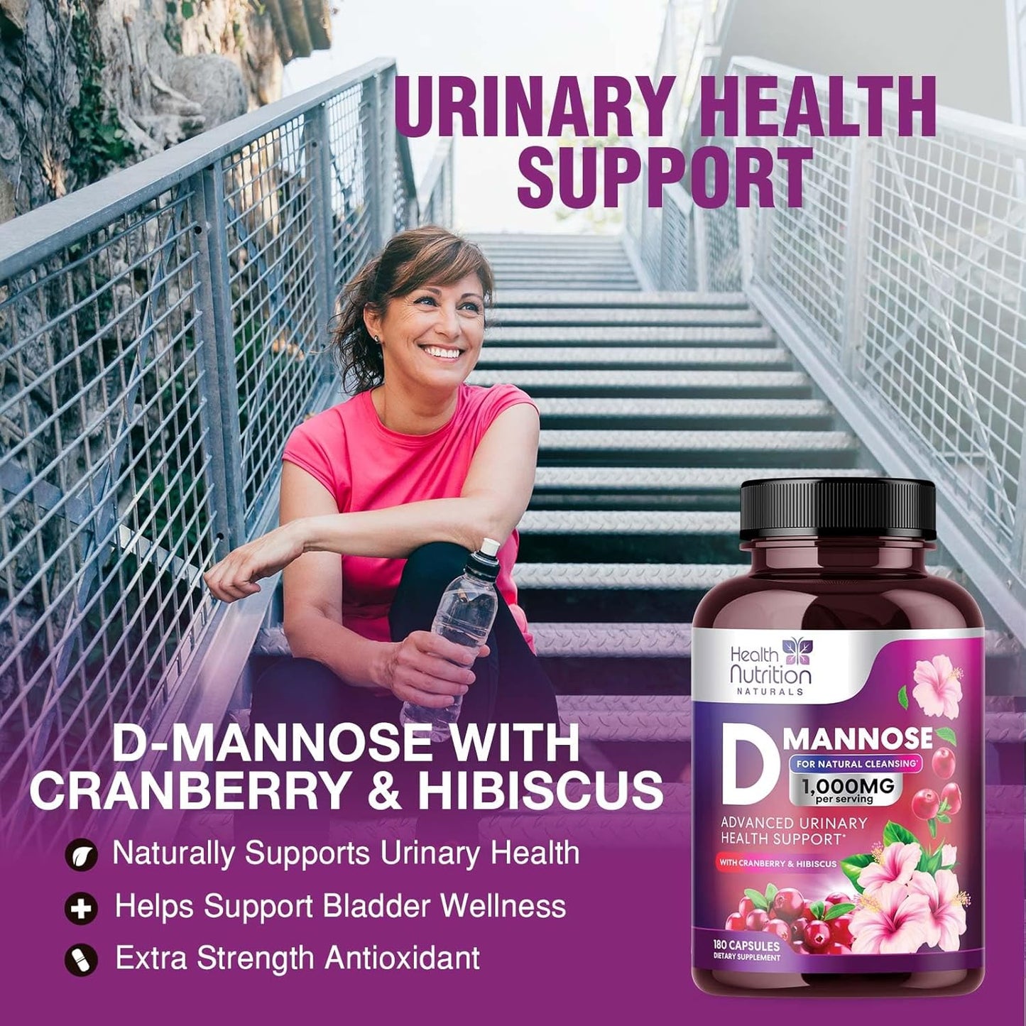 Fast-Acting D-Mannose & Cranberry Extract 1350mg for Urinary Tract Health - 180 Capsules, Non-GMO & Vegan