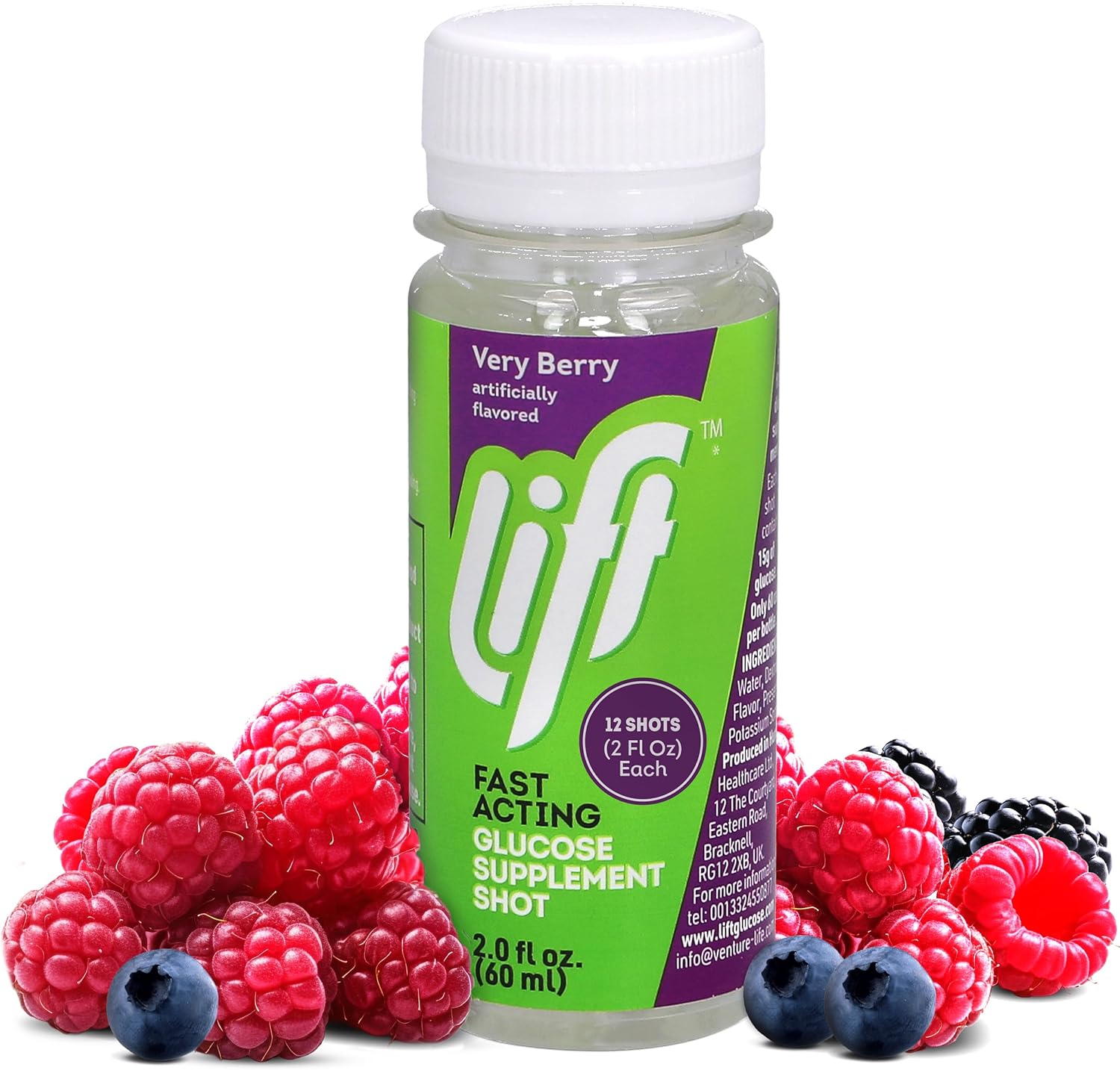 Fast-Acting Very Berry Glucose Energy Juice Shots, Caffeine-Free, 2.0 fl oz Bottles (Pack of 12)