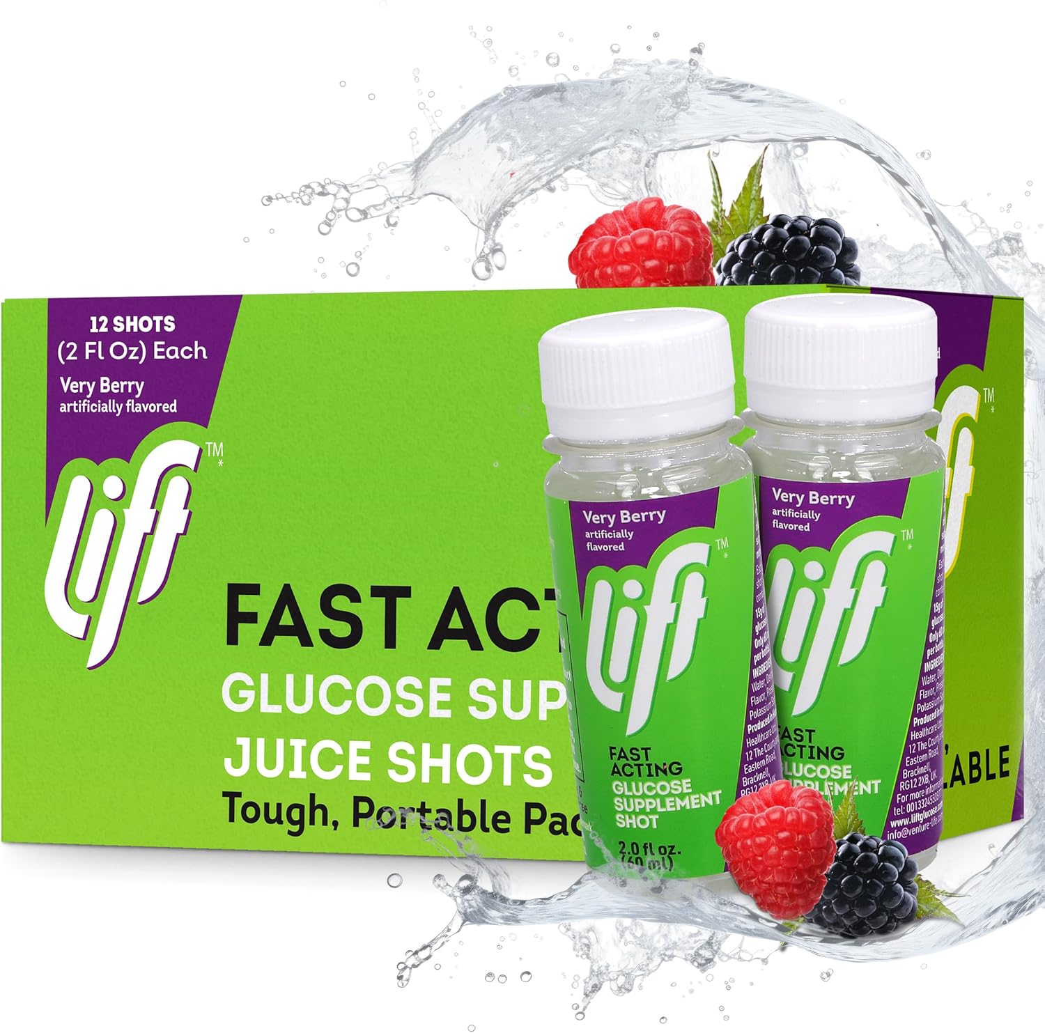 Fast-Acting Very Berry Glucose Energy Juice Shots, Caffeine-Free, 2.0 fl oz Bottles (Pack of 12)