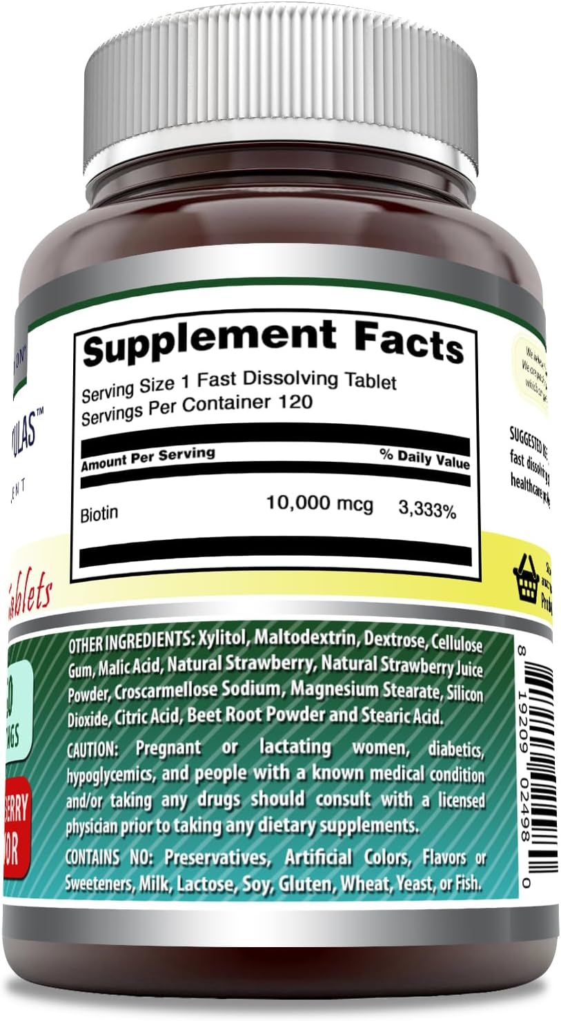 Fast Dissolve Strawberry Flavor Biotin 10000 mcg Tablets Supplement - 120 Count - Non-GMO, Gluten Free - Made in USA - Vitamin B7 by Amazing Nutrition Amazing Formulas