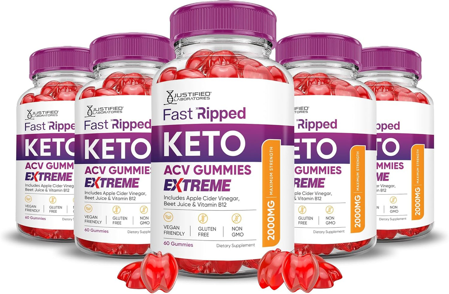 Fast Ripped Keto ACV Gummies - 5 Pack (2000MG) with Pomegranate Beet Juice Powder - Vegan & Non-GMO (300 Gummies)