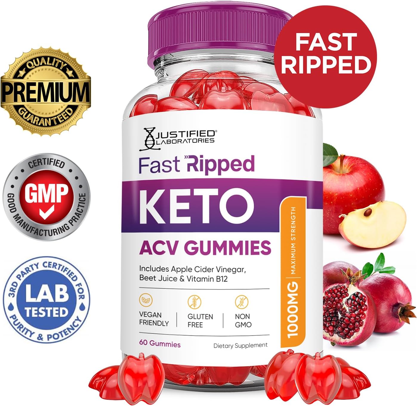 Fast Ripped Keto ACV Gummies (2 Pack) - Advanced Formula with Pomegranate Beet Juice - 1000MG - Vegan - Non GMO