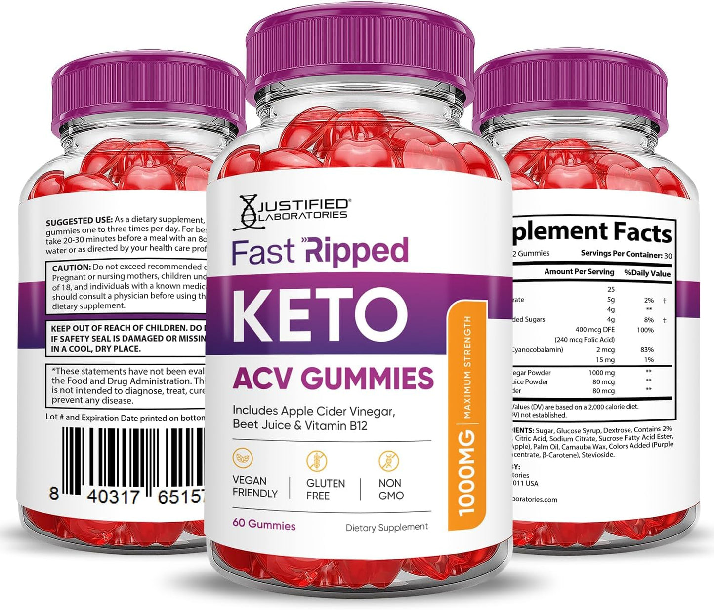Fast Ripped Keto ACV Gummies (2 Pack) - Advanced Formula with Pomegranate Beet Juice - 1000MG - Vegan - Non GMO