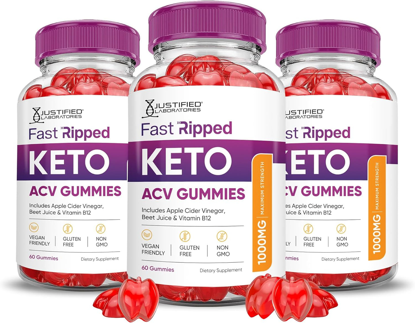 Fast Ripped Keto ACV Gummies (3 Pack) - Advanced Formula with Pomegranate & B12 - 1000MG - Vegan & Non GMO