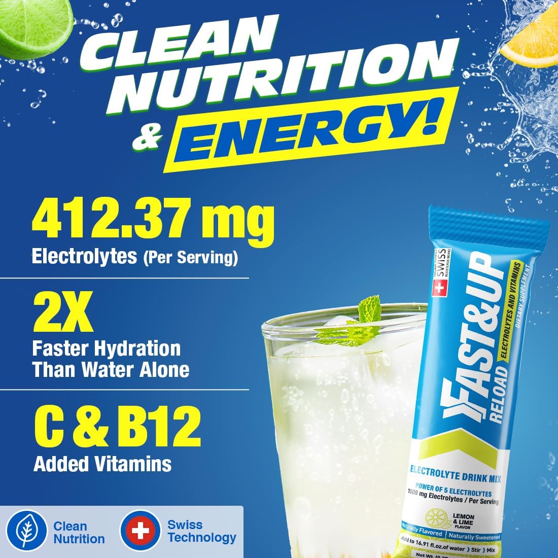 Fast&Up Reload Lemon Lime Electrolyte Drink Mix - Hydration Powder with Vitamins - 15 Packets