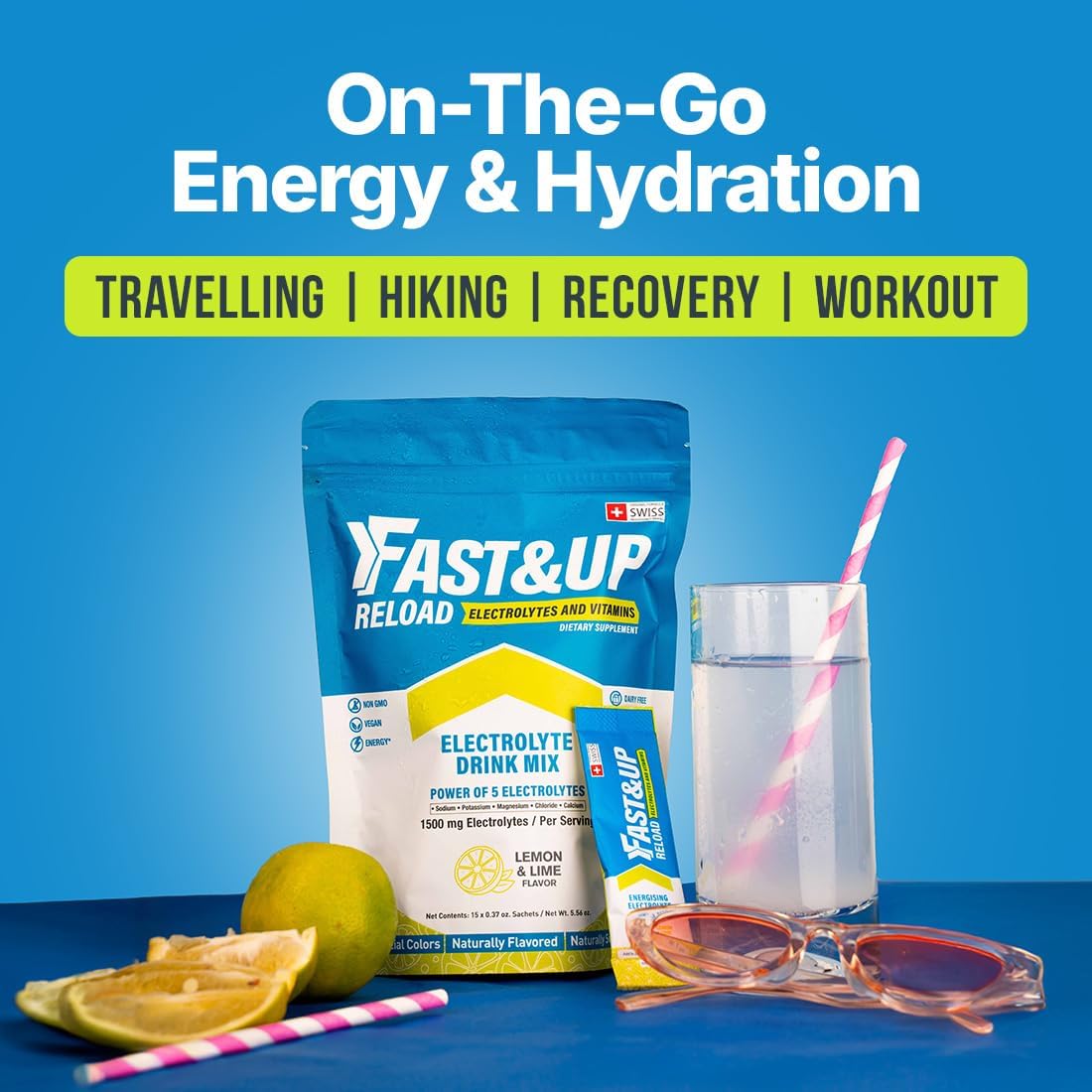 Fast&Up Reload Lemon Lime Electrolyte Drink Mix - Hydration Powder with Vitamins - 15 Packets