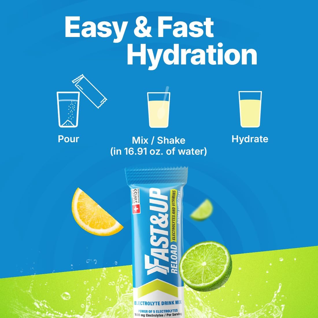 Fast&Up Reload Lemon Lime Electrolyte Drink Mix - Hydration Powder with Vitamins - 15 Packets