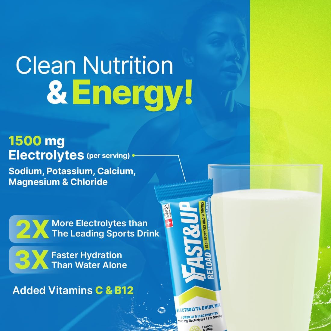 Fast&Up Reload Lemon Lime Electrolyte Drink Mix - Hydration Powder with Vitamins - 15 Packets