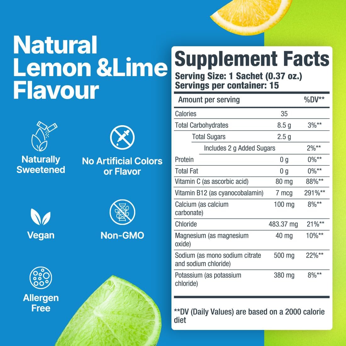 Fast&Up Reload Lemon Lime Electrolyte Drink Mix - Hydration Powder with Vitamins - 15 Packets