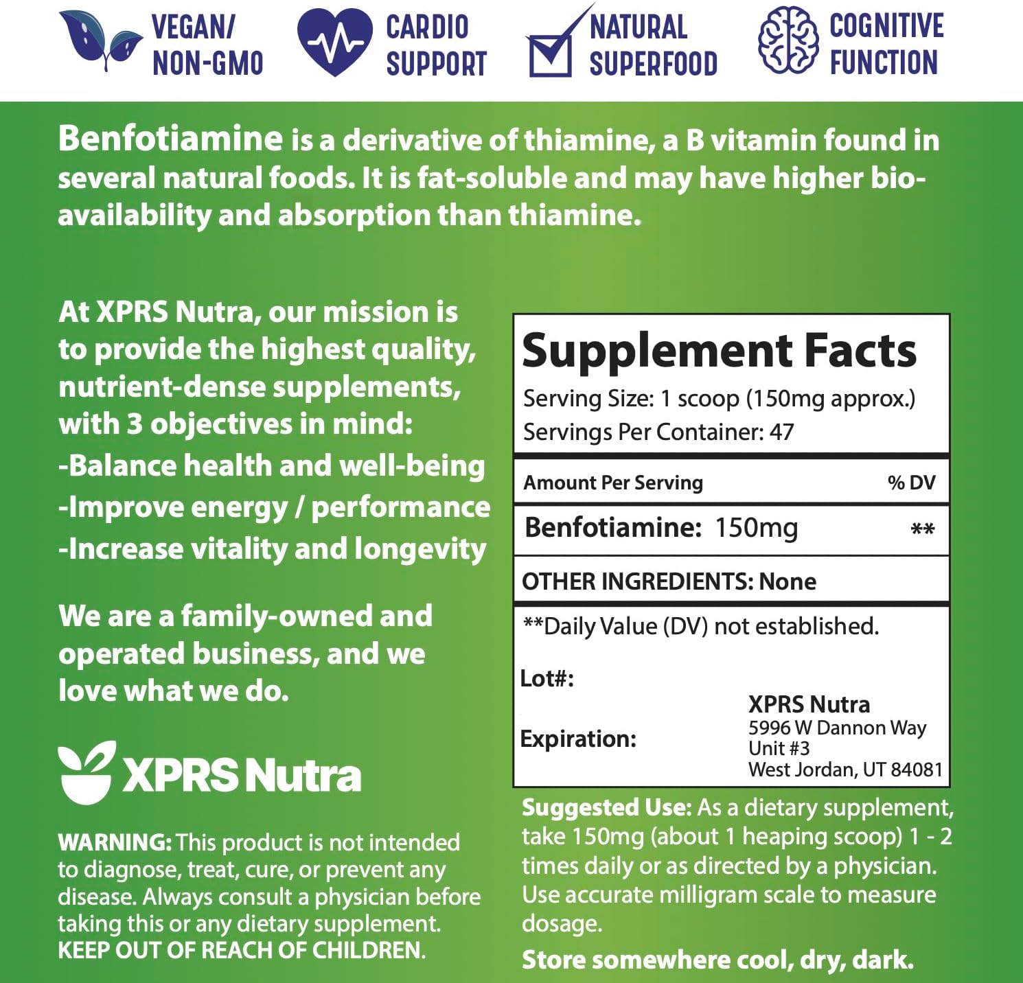 Fat Soluble Benfotiamine Powder - Advanced Vitamin B1 Supplement for Cognitive Boost - Vegan Friendly (.25 oz)