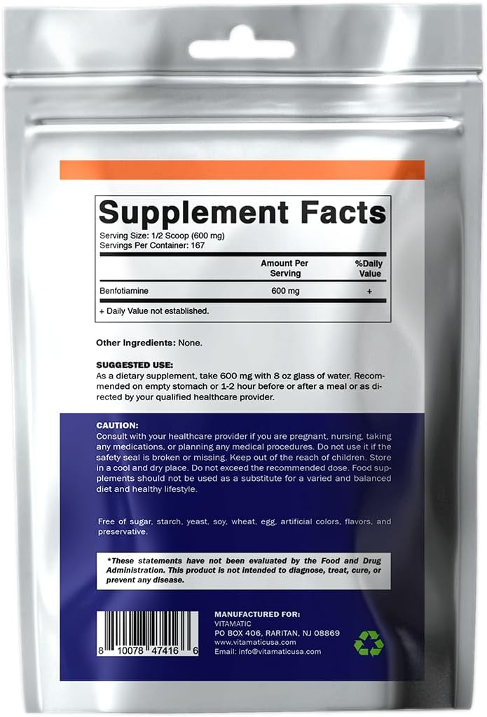 Fat Soluble Vitamin B1 Powder Supplement - 100g Pure Benfotiamine, 600mg per Serving