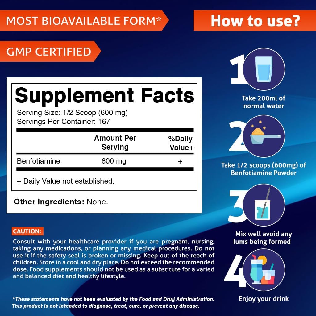 Fat Soluble Vitamin B1 Powder Supplement - 100g Pure Benfotiamine, 600mg per Serving