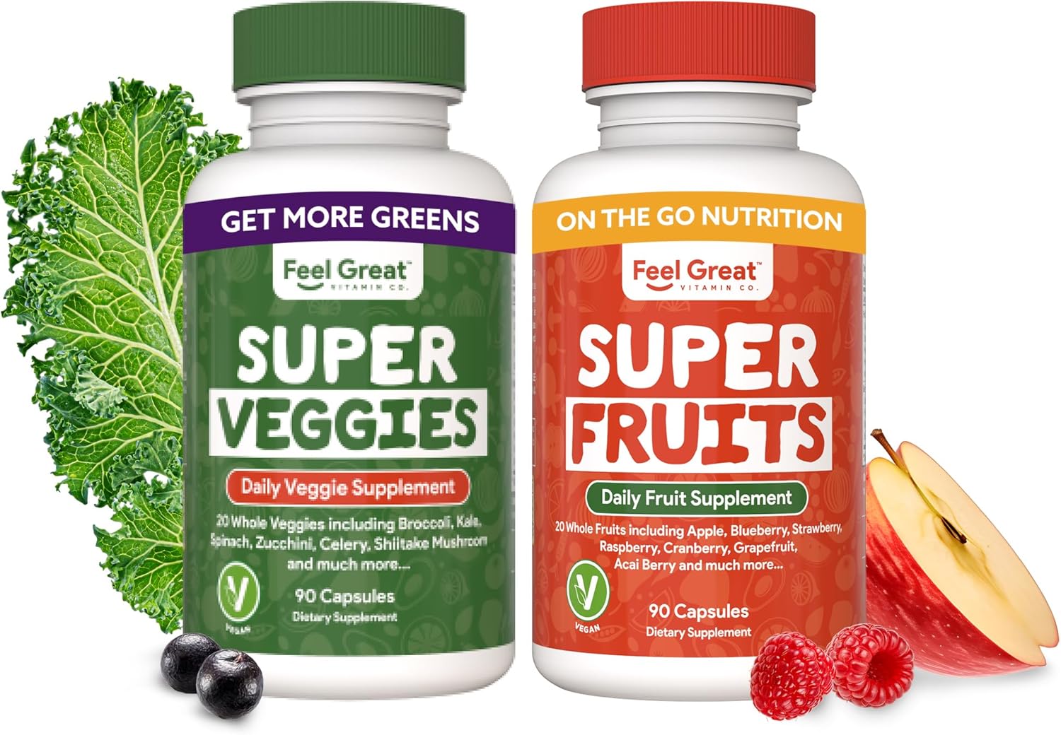 Feel Great Fruit and Vegetable Supplements - 20+ Super Reds & Greens for Natural Energy Support - Vegan Vitamins - 2 Pack of 90 Count Each - BoostGo Australia