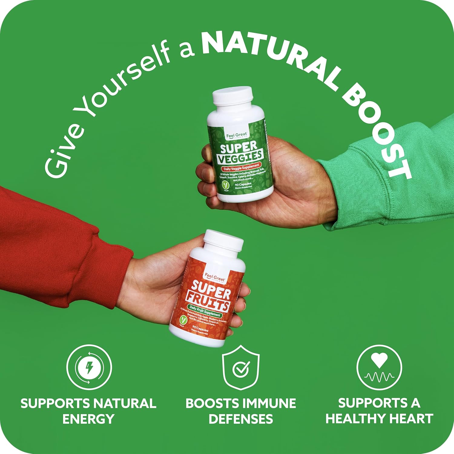 Feel Great Fruit and Vegetable Supplements - 20+ Super Reds & Greens for Natural Energy Support - Vegan Vitamins - 2 Pack of 90 Count Each - BoostGo Australia