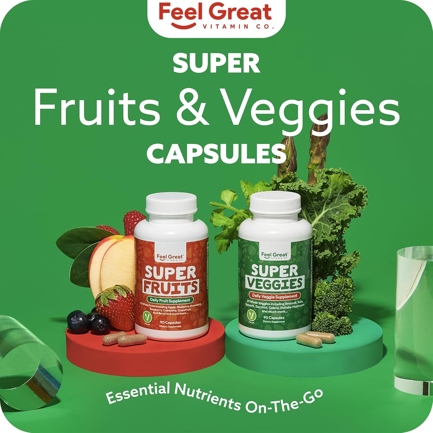 Feel Great Fruit and Vegetable Supplements - 20+ Super Reds & Greens for Natural Energy Support - Vegan Vitamins - 2 Pack of 90 Count Each - BoostGo Australia