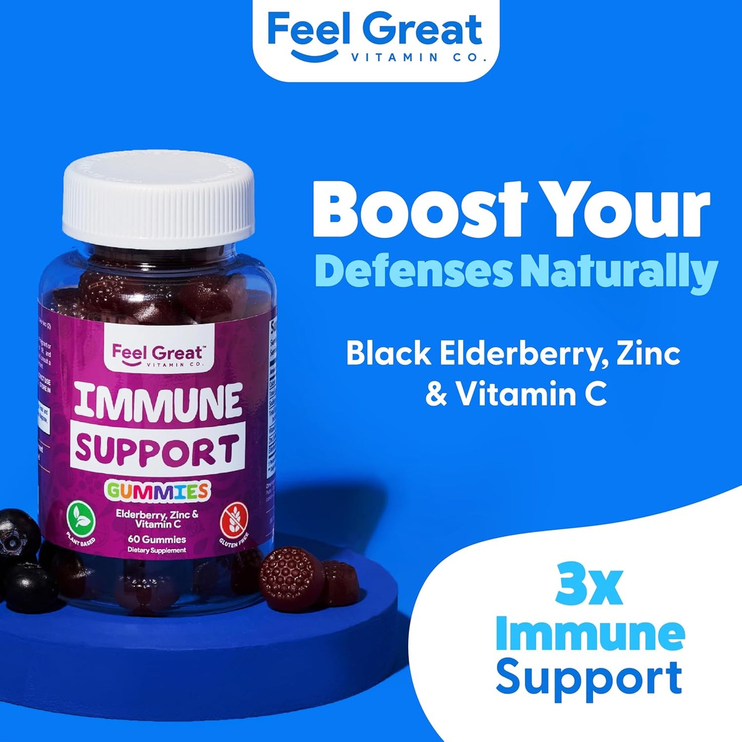 Feel Great Immunity Support Gummies with Elderberry, Zinc, and Vitamin C - 60 Gummies for Enhanced Health