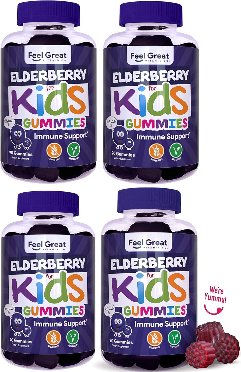 Feel Great Kids Elderberry Gummies with Zinc and Vitamin C - Immune Support for Kids | Berry Flavored Vegan Multivitamins - 90 Gummies (4-Pack)