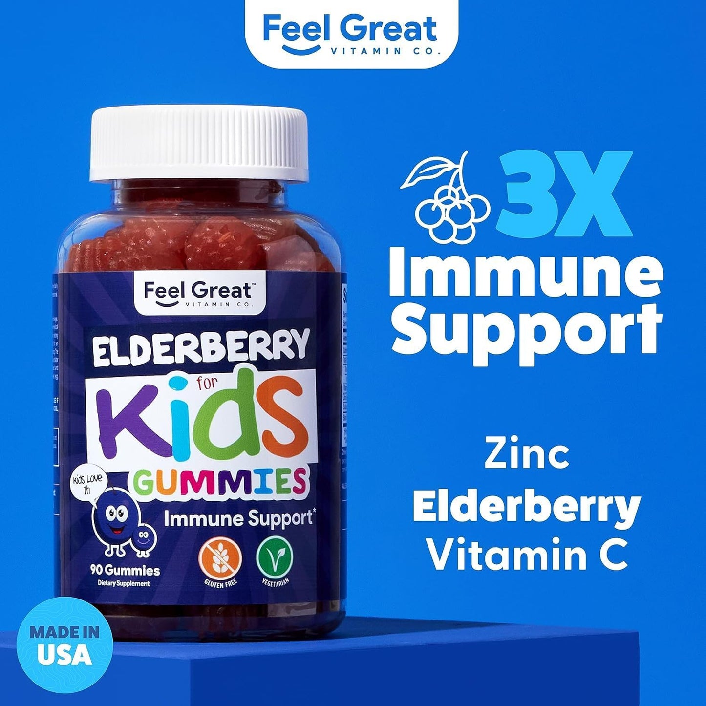 Feel Great Kids Elderberry Gummies with Zinc and Vitamin C - Immune Support for Kids | Berry Flavored Vegan Multivitamins - 90 Gummies (4-Pack)