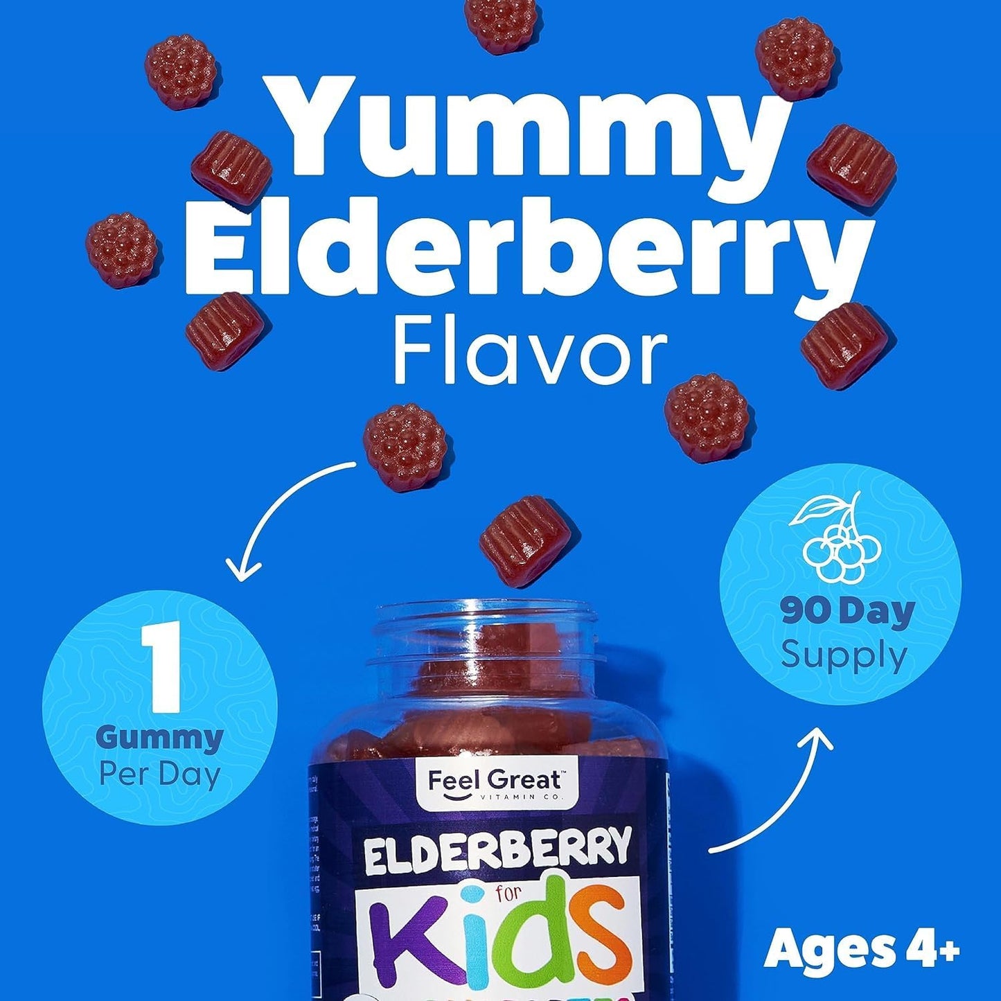 Feel Great Kids Elderberry Gummies with Zinc and Vitamin C - Immune Support for Kids | Berry Flavored Vegan Multivitamins - 90 Gummies (4-Pack)