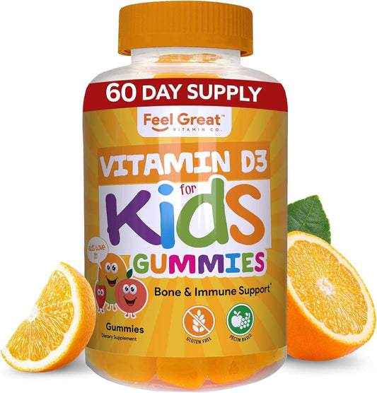 Feel Great Vitamin Co. Kids Vitamin D3 1000IU Gummy Supplements | 60-Day Supply | Plant-Based Gummies for Strong Bones, Teeth, and Immune System Support*