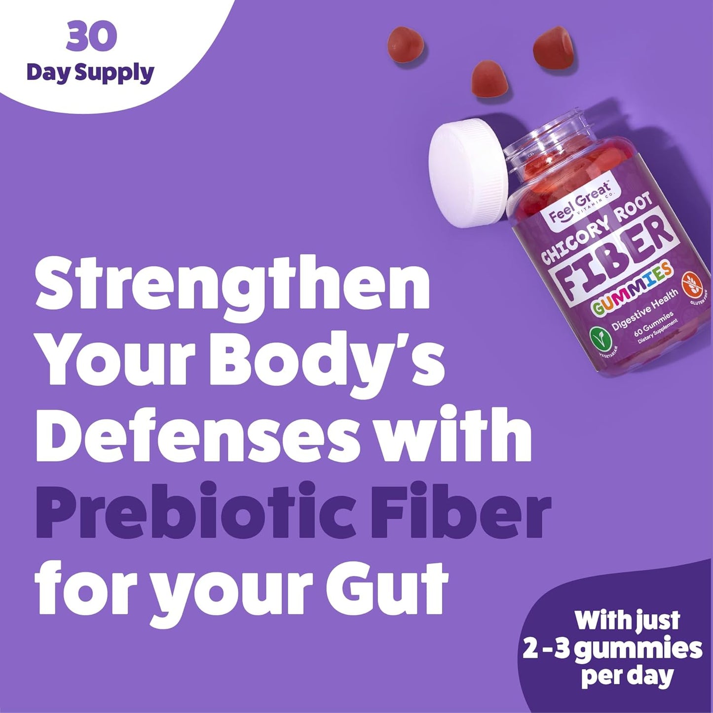 Feel Great Vitamin Co Prebiotic Fiber Gummies (60 Count) for Digestive Health & Immunity - Vegetarian & Vegan Friendly Chewable Supplement