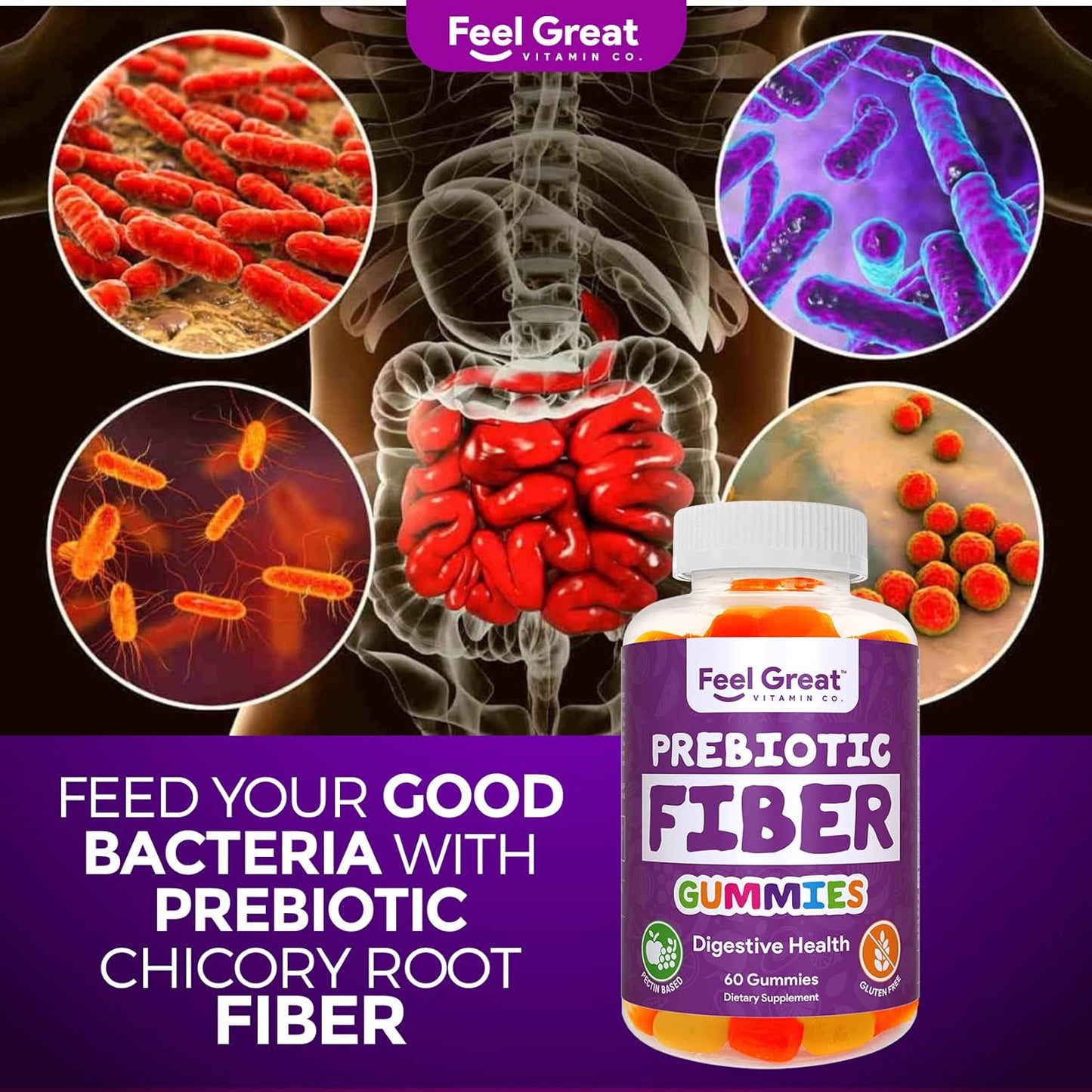 Feel Great Vitamin Co Prebiotic Fiber Gummies (60 Count) for Digestive Health & Immunity - Vegetarian & Vegan Friendly Chewable Supplement