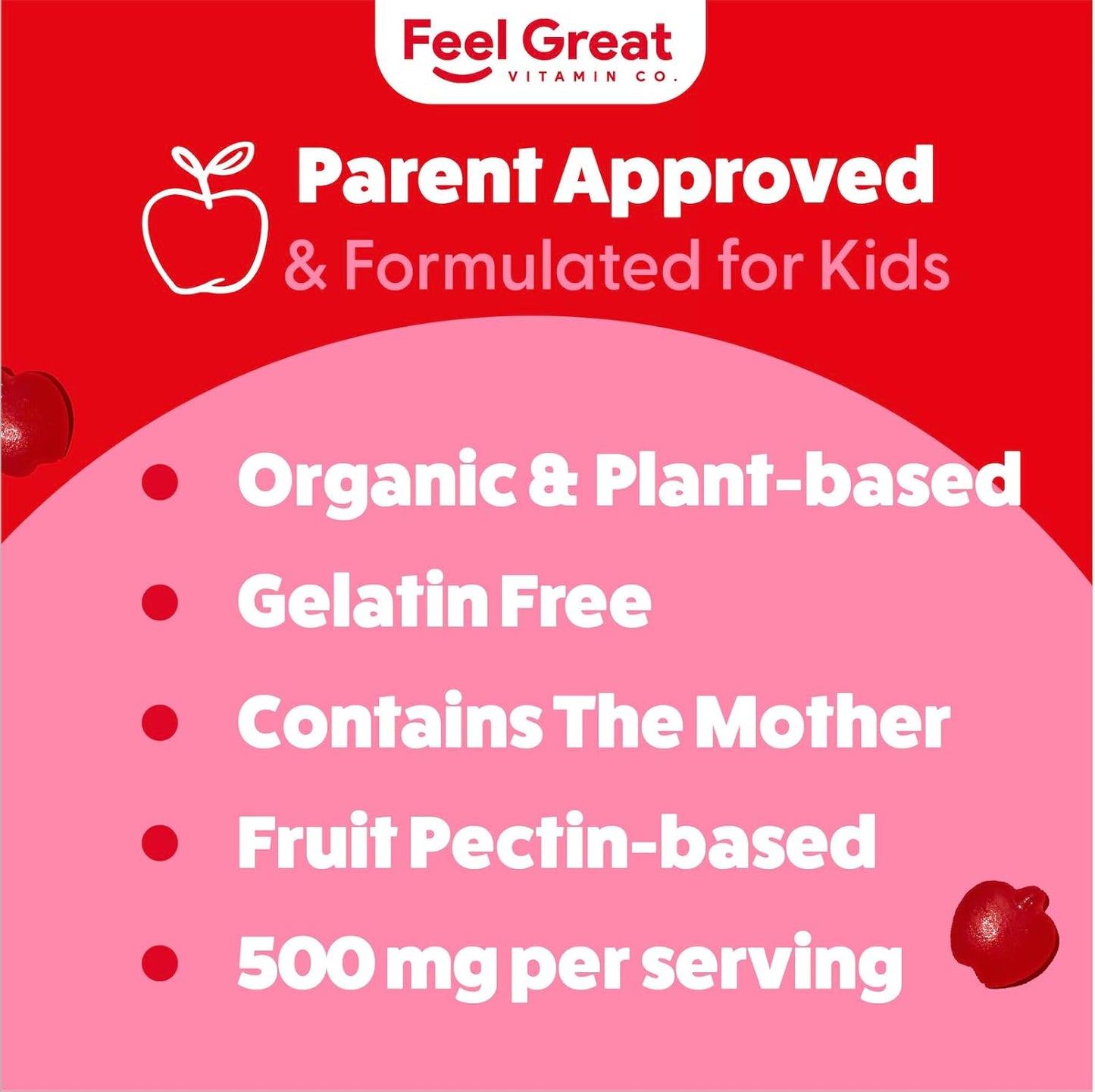 Feel Great Vitamins Organic Kids Apple Cider Vinegar Gummies | Supports Digestive Health with Natural Antioxidants | 60 Day Supply of Kids Gummy Vitamins