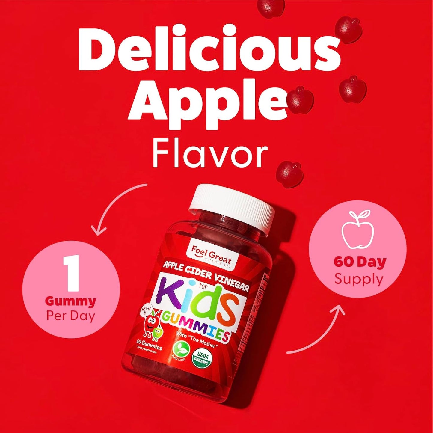 Feel Great Vitamins Organic Kids Apple Cider Vinegar Gummies | Supports Digestive Health with Natural Antioxidants | 60 Day Supply of Kids Gummy Vitamins