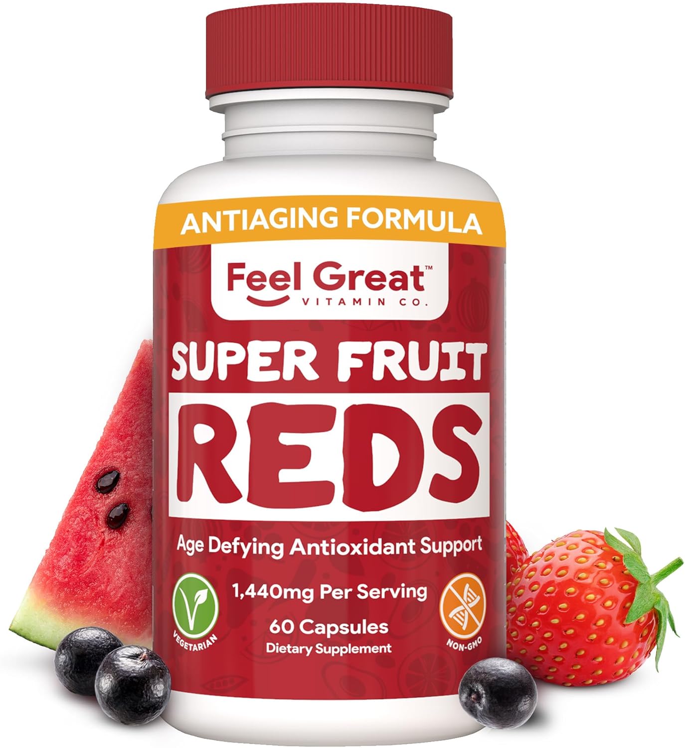 Feel Great Vitamins Superfruit Reds: Antioxidant Superfood for Anti-Aging & Immune Support - Acai, Mangosteen, Pomegranate, Blueberry - 60 Capsules