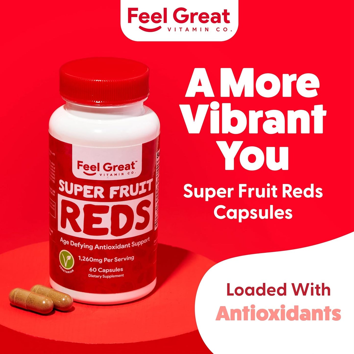 Feel Great Vitamins Superfruit Reds: Antioxidant Superfood for Anti-Aging & Immune Support - Acai, Mangosteen, Pomegranate, Blueberry - 60 Capsules