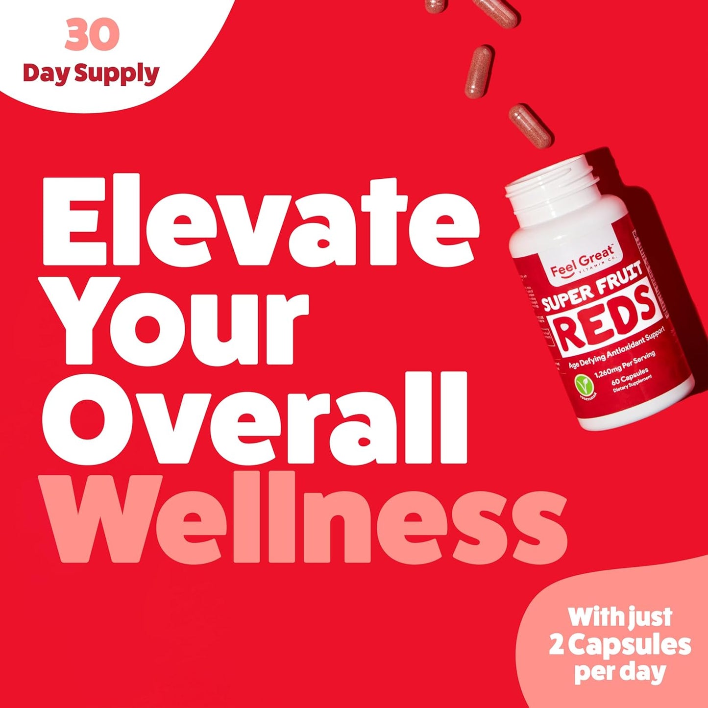 Feel Great Vitamins Superfruit Reds: Antioxidant Superfood for Anti-Aging & Immune Support - Acai, Mangosteen, Pomegranate, Blueberry - 60 Capsules