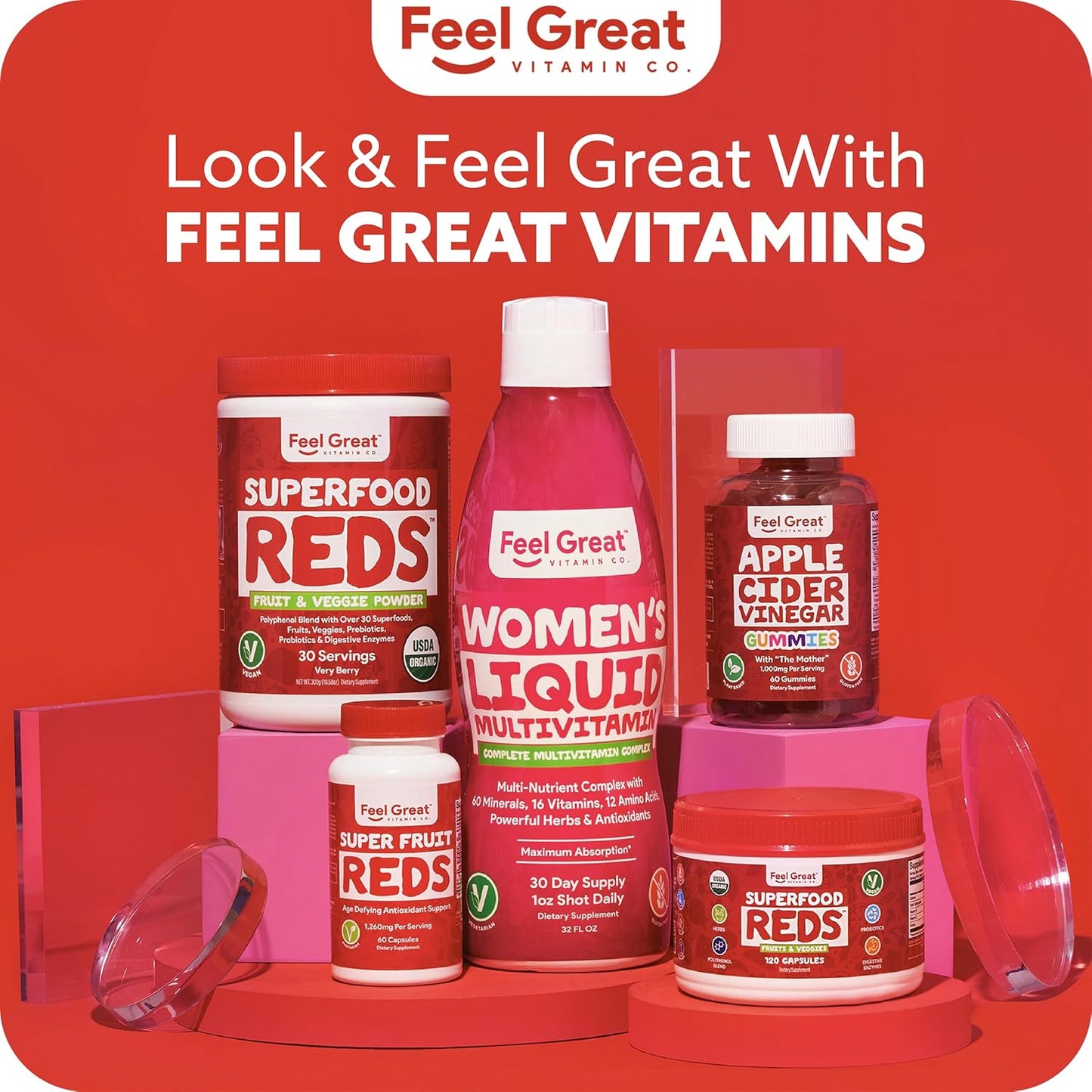 Feel Great Vitamins Superfruit Reds: Antioxidant Superfood for Anti-Aging & Immune Support - Acai, Mangosteen, Pomegranate, Blueberry - 60 Capsules