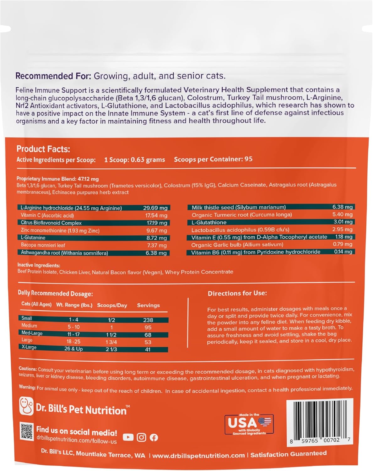 Feline Immune Support Vitamins with Colostrum, Beta Glucan, Lactoferrin, Zinc, Coenzyme Q-10, Bifidobacterium for Cats