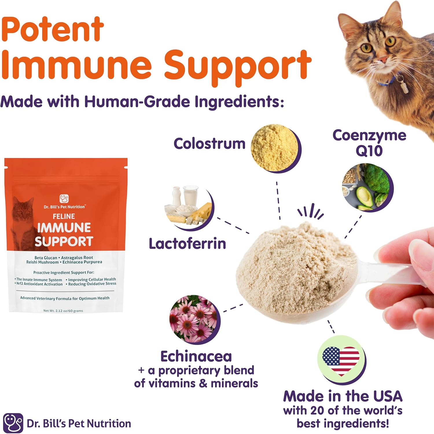 Feline Immune Support Vitamins with Colostrum, Beta Glucan, Lactoferrin, Zinc, Coenzyme Q-10, Bifidobacterium for Cats