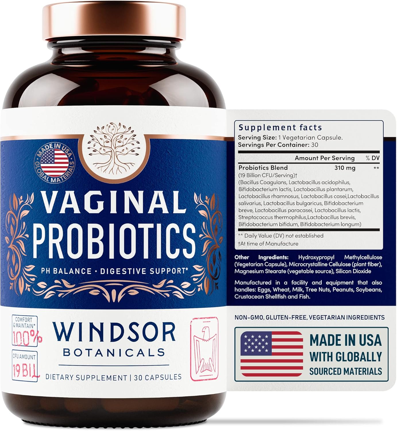 Feminine Balance Complex Probiotics - 19Bil CFU Lactobacillus Salivarius for Women's PH Balance and Gut Health - BV Support - 30 Capsules