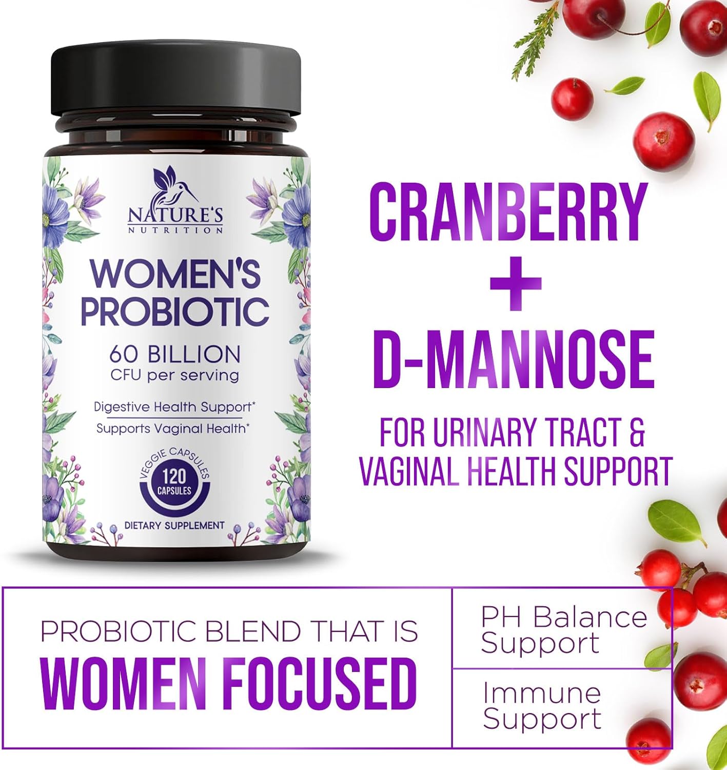 Feminine Health Probiotic Supplement - 60 Billion CFU, 16 Strains for Vaginal pH & Gut Health - Immune Support - 120 Capsules